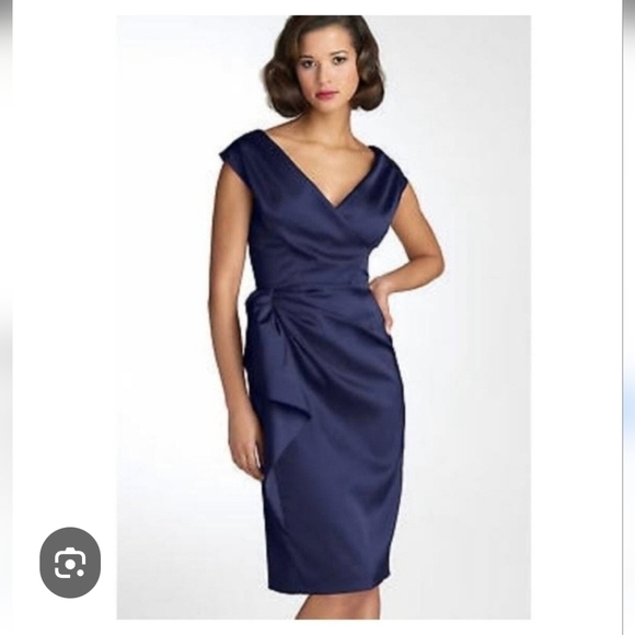 Maggie London Jackie O Satin Cocktail Side Bustled Pencil Midi Dress Sz 14 - Picture 1 of 12